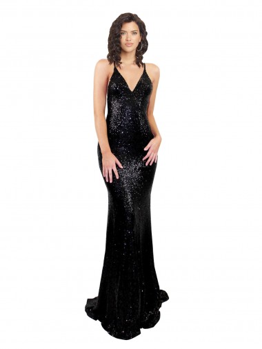 Criss Cross Open Back Sleeveless V-Neck Mermaid Sequin Black Tie Prom Dress Canada Clearance